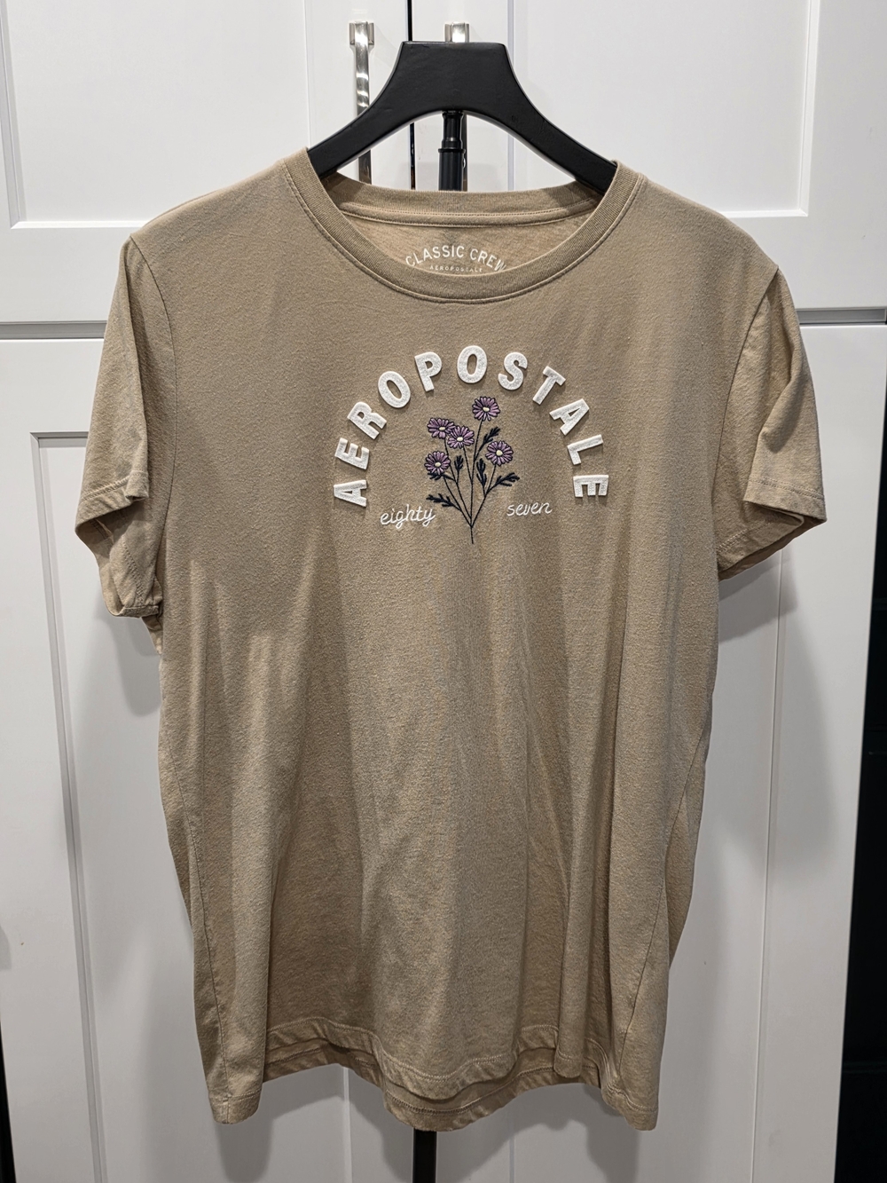 Aeropostale Tan Short Sleeve Tee with Purple Floral Logo